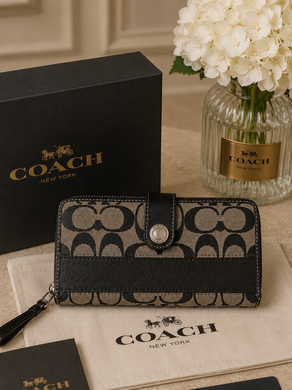Coach Signature Jacquard‎ Slim Envelope Wallet Black Gray Leather Trim OS